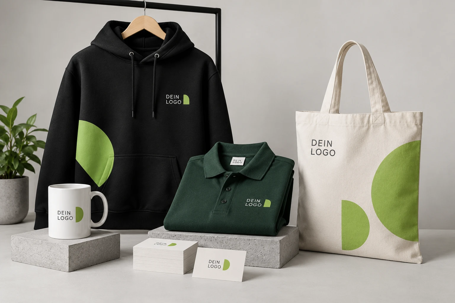 Illustratives Sortiment mit Hoodie, Poloshirt, Tasche, Tasse und Druckprodukten