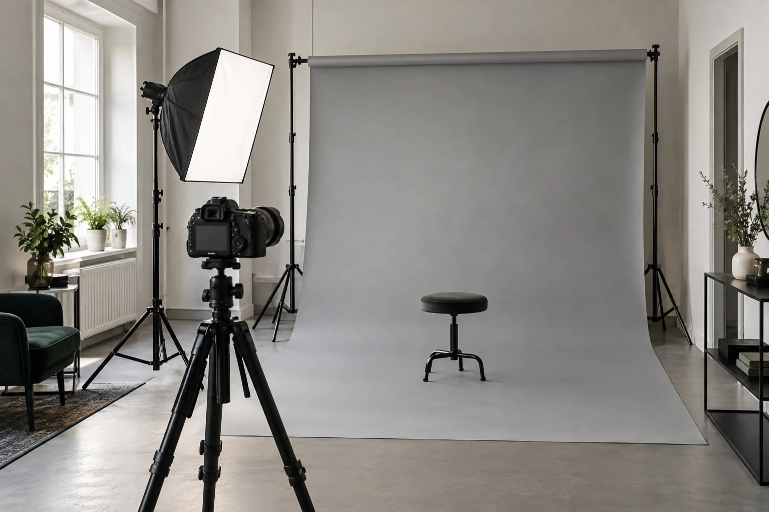 Illustrative Aufnahme eines neutralen Passbildstudios mit Kamera, Beleuchtung und hellem Hintergrund