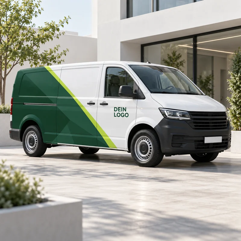 Weißer Transporter mit geometrischer grüner Teilfolierung