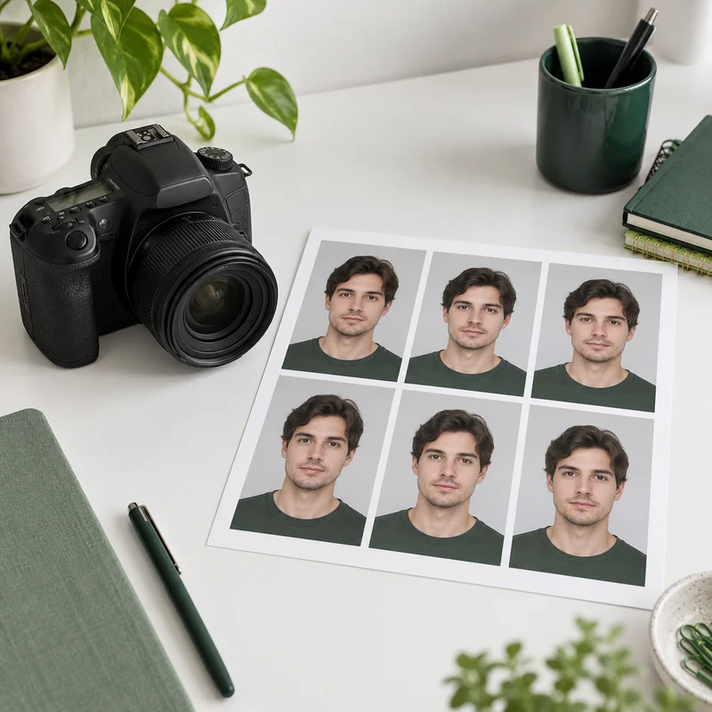Kamera neben einem Fotobogen mit beispielhaften Porträtaufnahmen einer erwachsenen Person