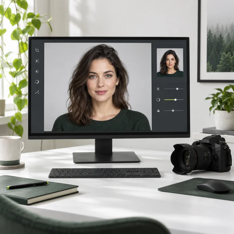 Digitaler Fotoworkflow mit Porträt einer erwachsenen Frau auf dem Monitor und Kamera daneben