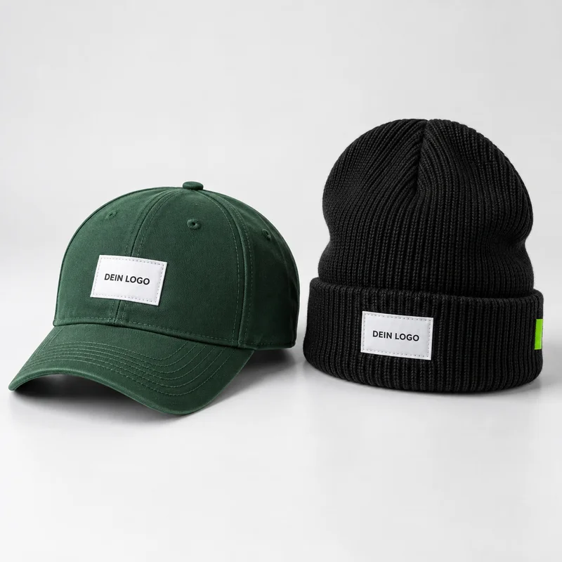 Grüne Cap und schwarze Beanie mit bedruckten Logo-Patches