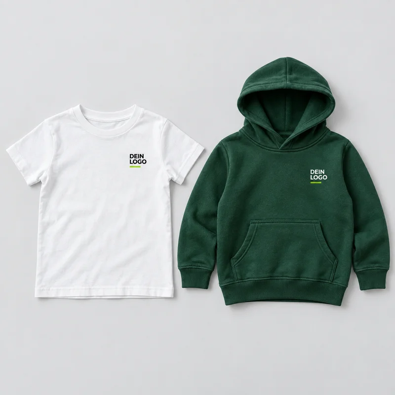 Kinder-Schulshirt und grüner Hoodie mit individuellem Logo
