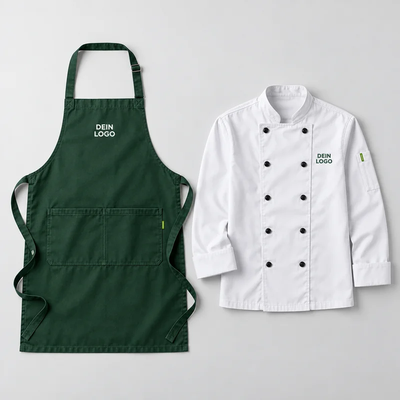 Grüne Schürze und weiße Servicejacke mit Logodruck