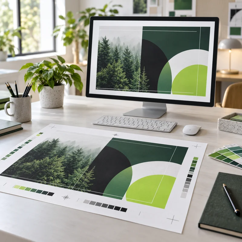 Druckvorstufe mit Korrekturabzug, Schnittmarken und Farbfeldern neben einem Monitor