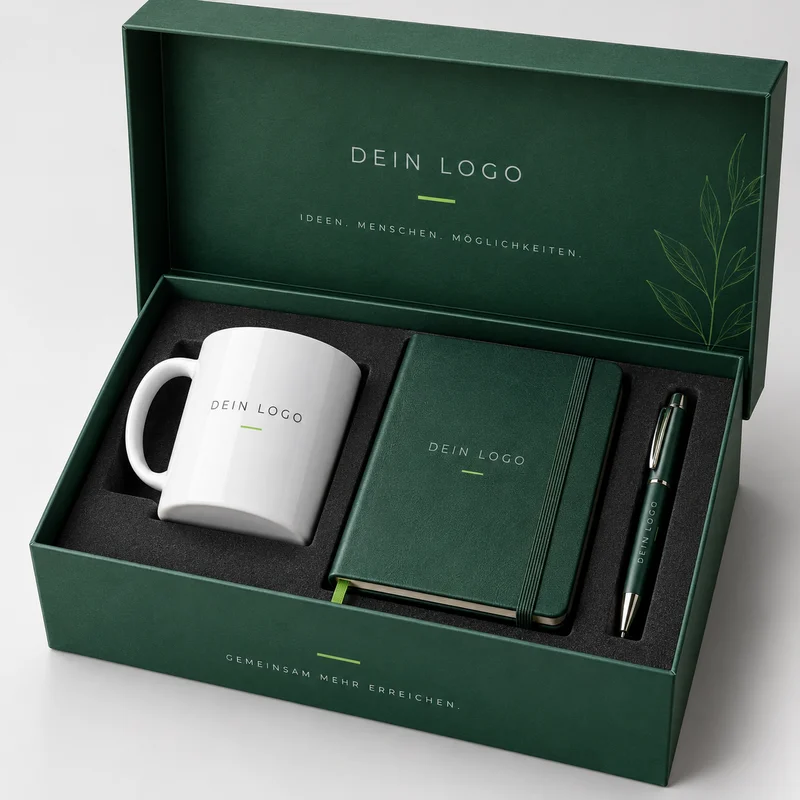 Geschenkbox mit Tasse, Notizbuch und Kugelschreiber mit Musterlogo