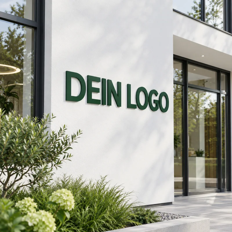 Flache grüne Firmenbuchstaben an einer weißen Fassade