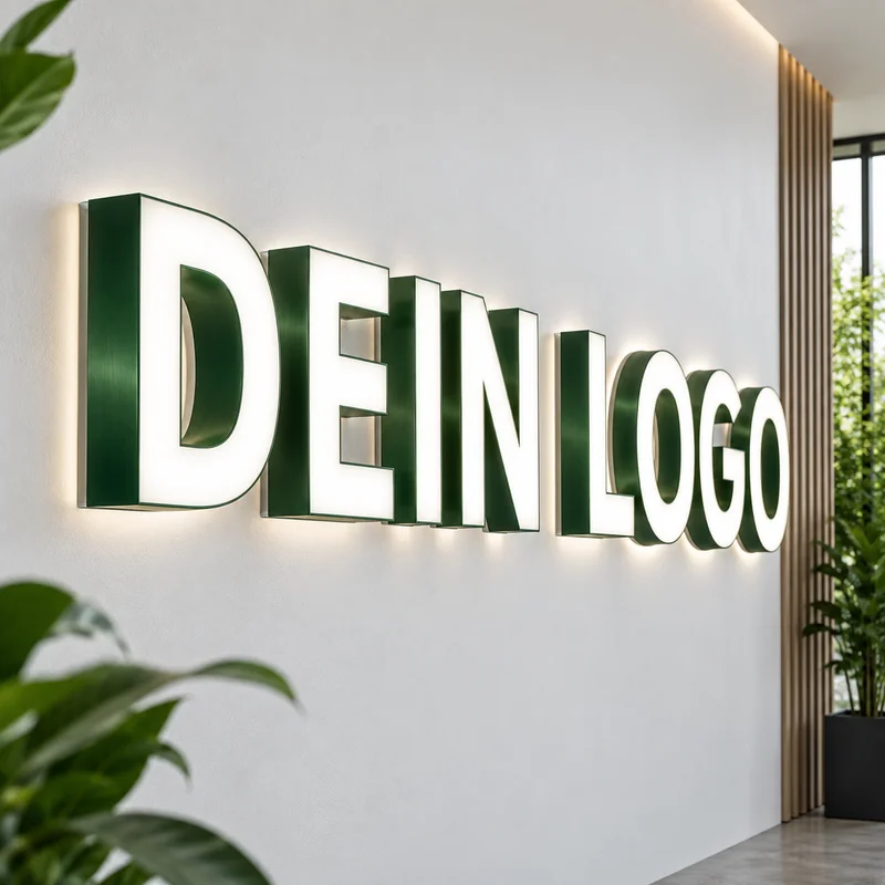Leuchtende dreidimensionale Profilbuchstaben an weißer Wand