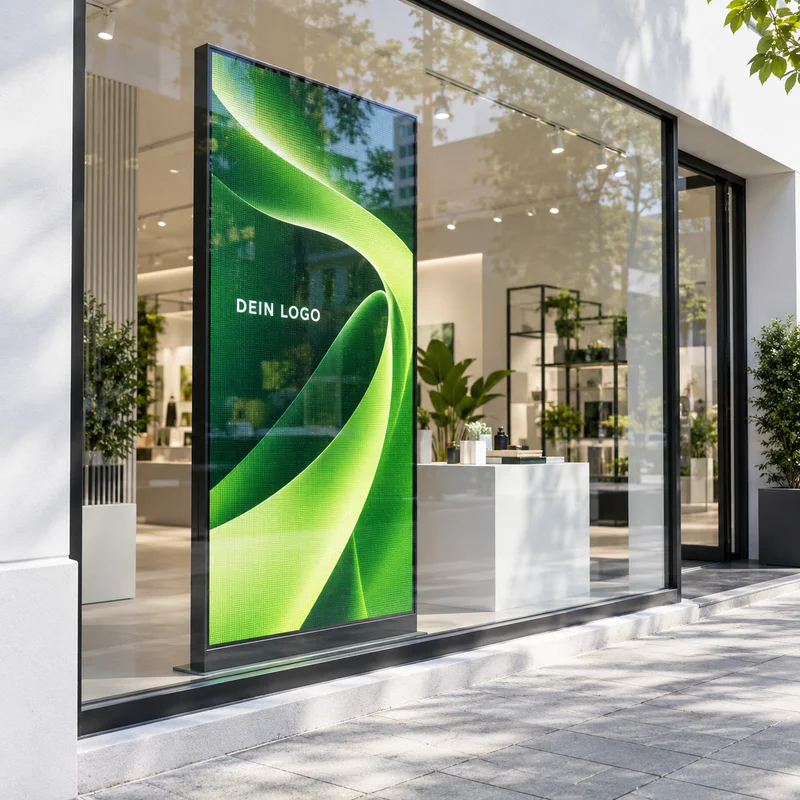 Digitales LED-Display mit grüner Grafik im Schaufenster