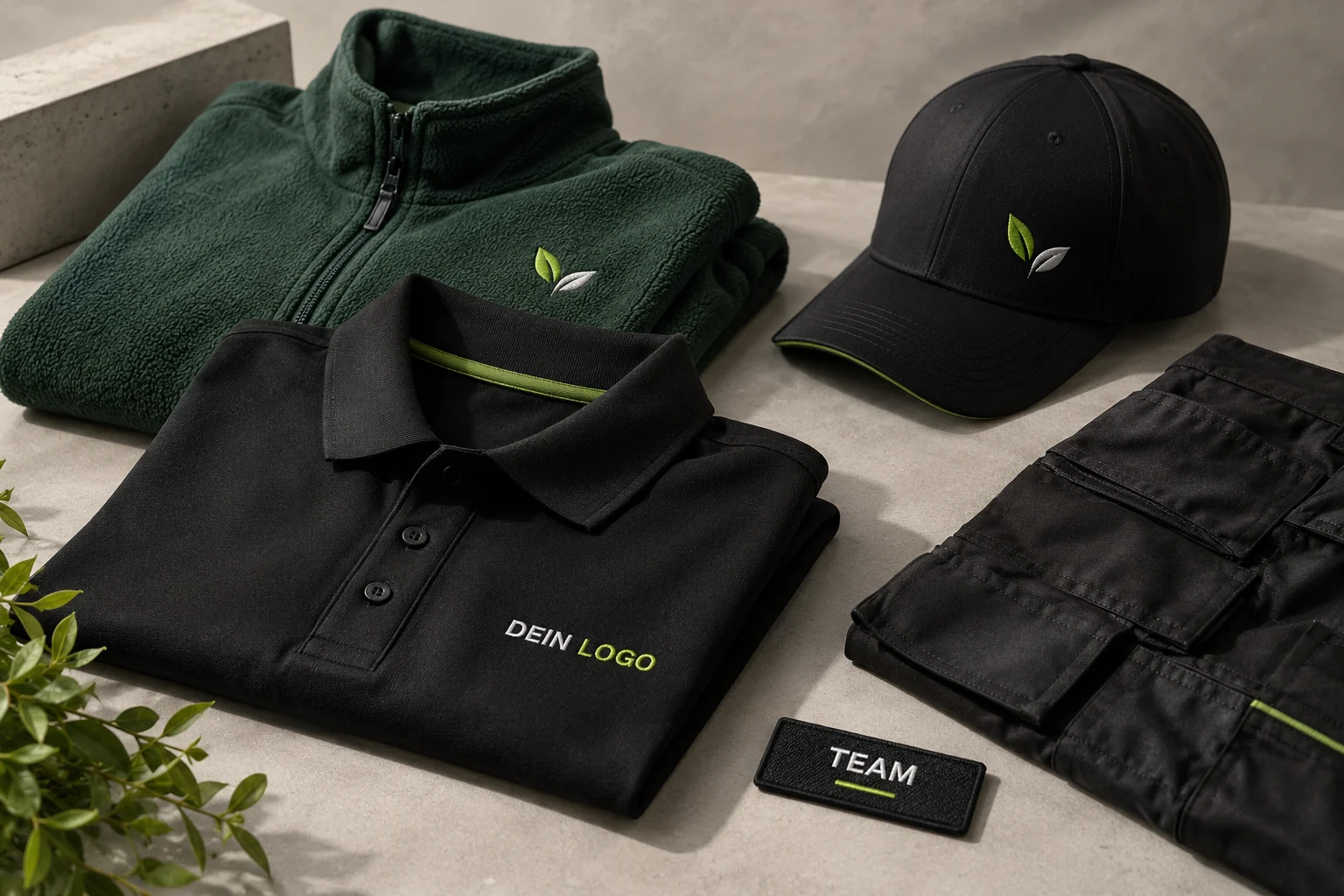 Gestickte Musterlogos auf Poloshirt, Fleecejacke, Arbeitskleidung und Cap mit sichtbarer Garnstruktur