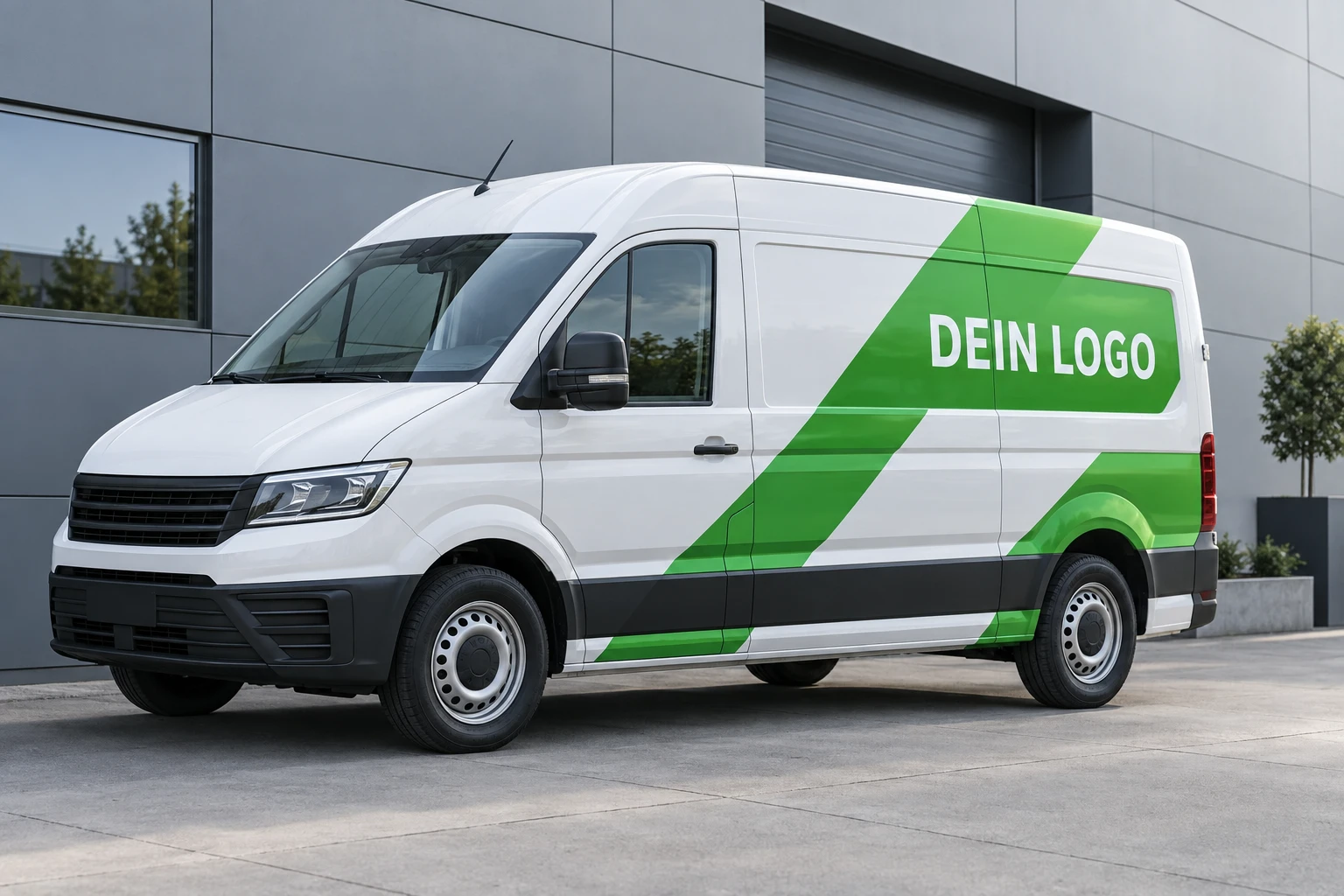 Illustratives Mockup einer grünen Beschriftung auf einem weißen Transporter
