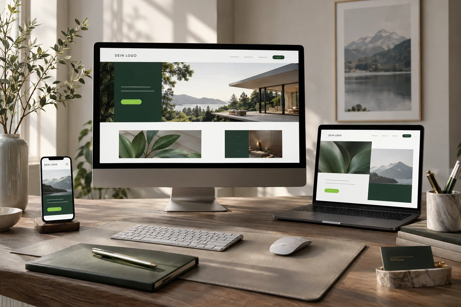 Beispiel einer einheitlichen Website auf Computer, Laptop und Smartphone mit passender Geschäftsausstattung