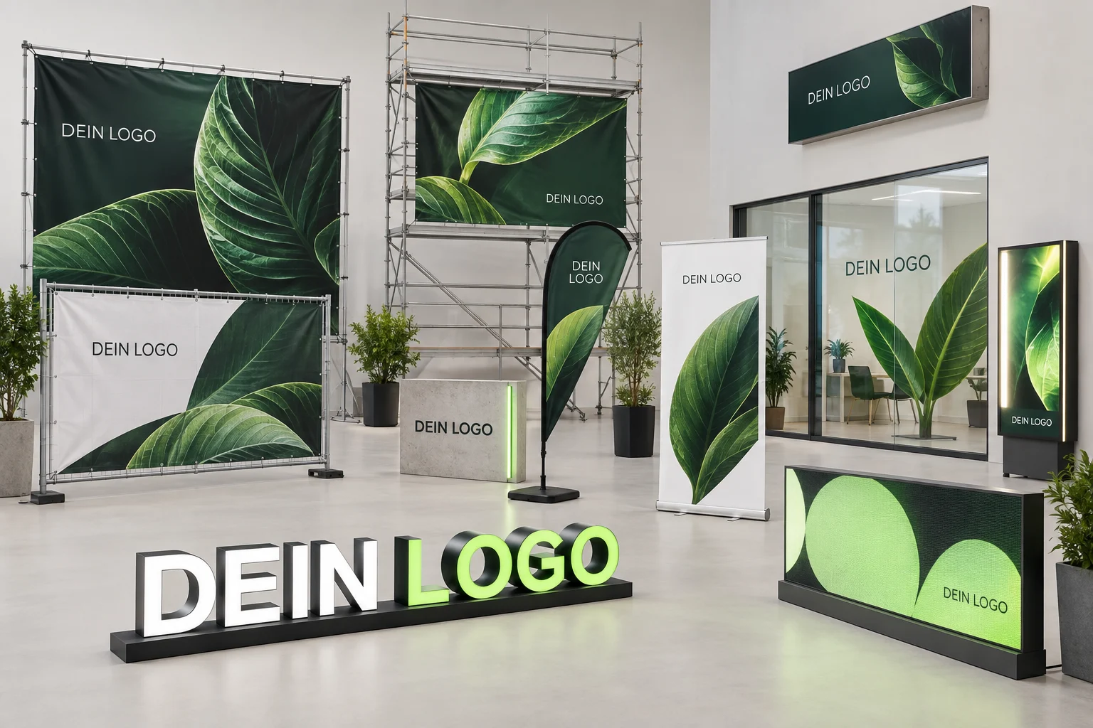 Werbetechnik-Mockups mit Bannern, Schildern, Beachflag, Roll-up, Fensterbeschriftung und Leuchtwerbung